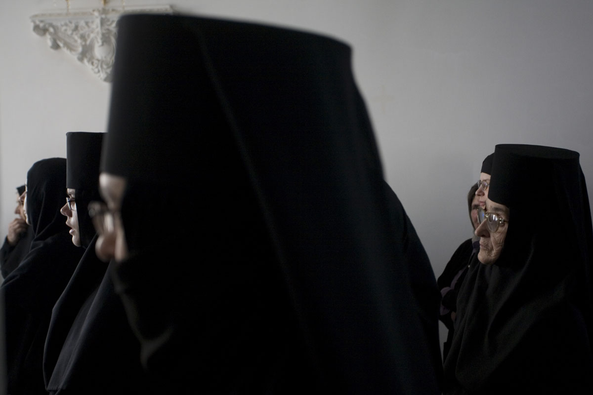Orthodox nuns at a church service in the Serb enclave of Gracanica.
