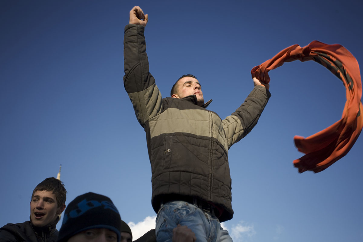 Kosovo Albanians celebrate their independence on the streets of the Kosovo capital Pristina.